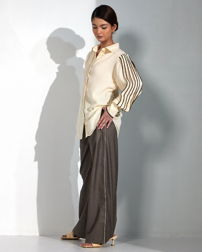 Fluid Sleeve Shirt and Brown Textured Trouser Set